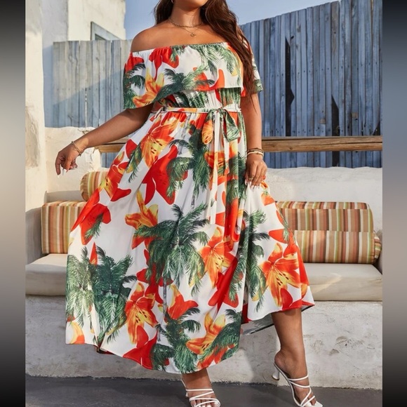 Plus size floral tropical print off shoulder maxi dress - Picture 4 of 6